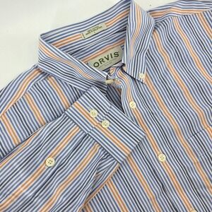 ORVIS Mens Long Sleeve Button Down Shirt Blue Orange Stripe Cotton Size L preppy